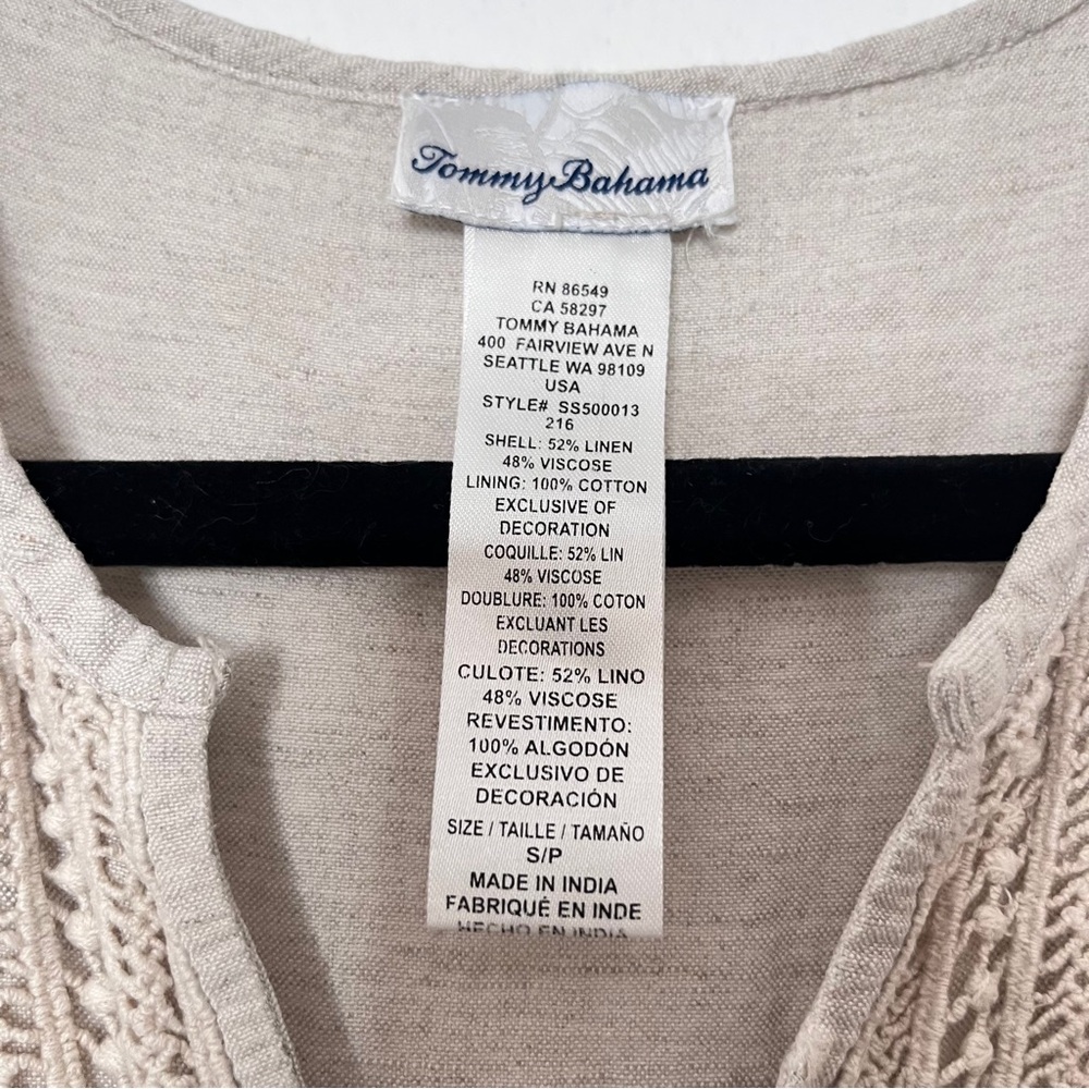 Tommy Bahama St. Lucia Linen Tan Eyelet Mini Dress Coastal Balloon Sleeve Size S - Picture 6 of 10